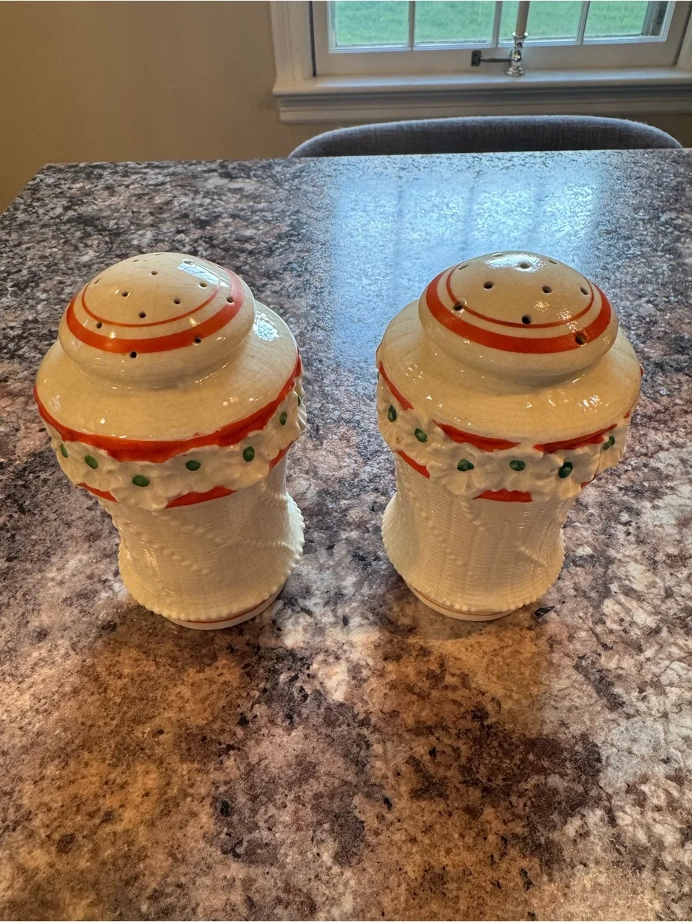 Vintage Japanese White Ceramic Salt and Pepper Shaker Set w/ Reddish/Orange Trim